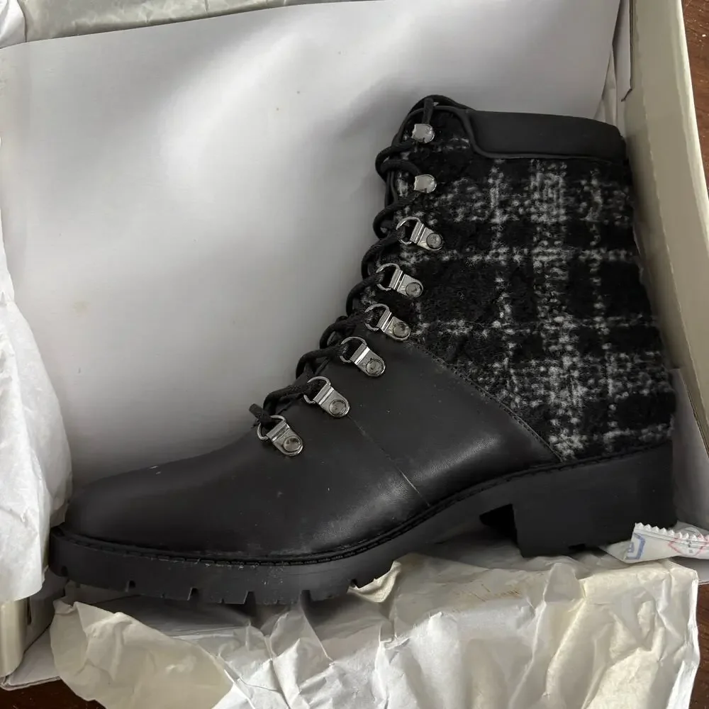 Marc Fisher Lanzia Combat Leather Boots 13 Black NWT Plaid Academia Prep Y2K 90s